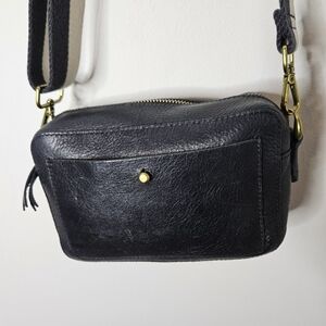 Madewell The Transport Camera Bag Black Leather Canvas Stripe Strap
